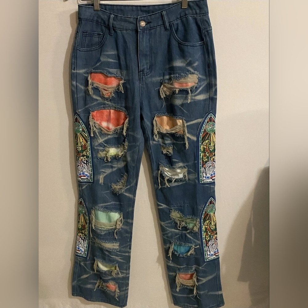 Patch Ripped Jeans Fluffy Flip Flops, Ragged Street Style, S. No Stretch. - Picture 9 of 9